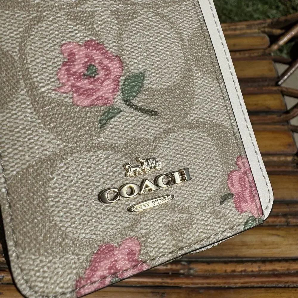 Coach Zip Card Case Gold Signature Canvas Beige Pink With Floral Print CR971
